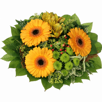 Blumenstrauß ″Glück″ bestehend aus 3 Gelbe Germini, gelbe Alstromerien, grüne Chrysanthemen, Hyperikum, Kokosrinde, verschiedenes Beiwerk.