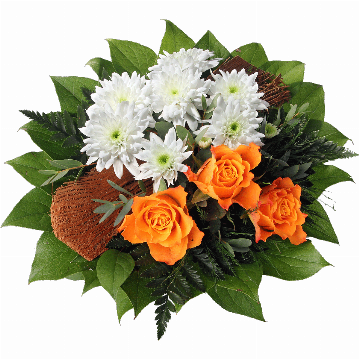 Blumenstrauß Gebunden wird der Strauß aus 3 orange Rosen, weiße Chrysanthemen,
Kokosrinde, Pistazie, Salal und Plumosus.