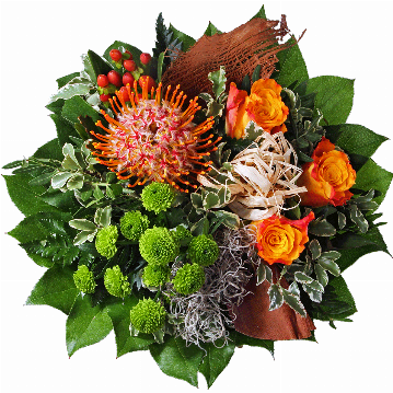 Blumenstrauß ″Exoticus″ bestehend aus Aus 1 Nadelprothea, 3 orange Rosen, grüne Chrysanthemen, Hyperikum, Pistazie, Pittosporum, Lederfarn, Salal, Kokosrinde und eine Bastschleife besteht der Strauß. 