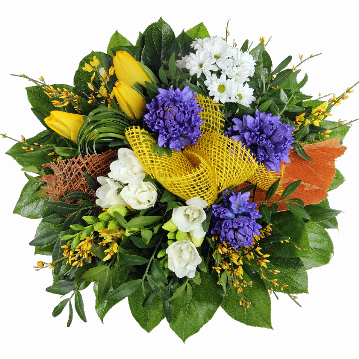 Blumenstrauß ″Canarias″ bestehend aus 3 blaue Hyazinthen, 3 gelbe Tulpen, weiße Chrysanthemen, Freesien, Ginster, Juteschleife, verschiedenes Beiwerk.