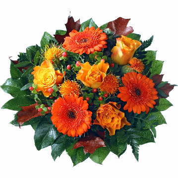 Blumenstrauß ″Herbst″ bestehend aus Aus 3 orange Minigerbera, 3 orange Rosen, Charthamus, Hyperikum, gefärbten Eichenlaub, Pistazie und Salal besteht der Strauß.