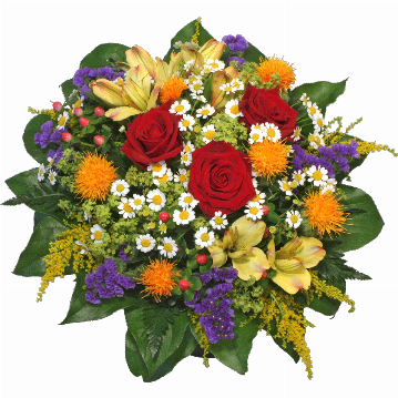 Blumenstrauß 3 rote Rosen, 2 Alstromerien, Kamillenblüten, Statice, orange Disteln (Chartamus), Solidago, Hyperikum, verschiedenes Beiwerk.