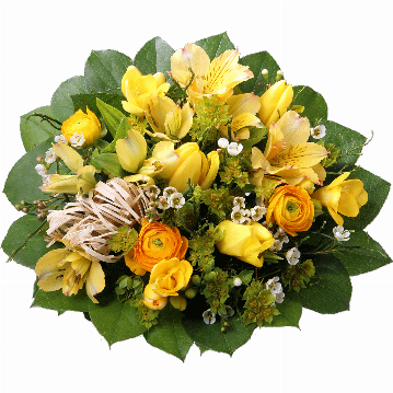 Blumenstrauß 3 gelbe Tulpen, 3 Ranunkel, 3 gelbe Freesien, 2 gelbe Alstromerien, Waxflower, Heidelbeerzweige, Bastschleife, verschiedenes Beiwerk.