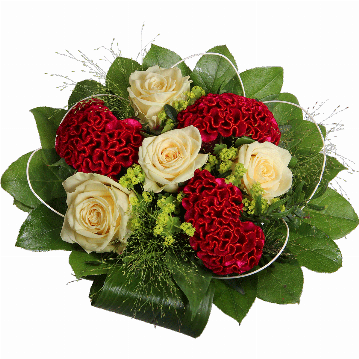Blumenstrauß ″Austria″ bestehend aus 3 rote Cellosien, 4 cremefarbene Rosen, Panikumgras, Alchemilla, verschiedenes Beiwerk.