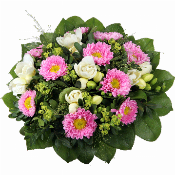 Blumenstrauß ″Ein Mädchen″ bestehend aus 10 rosa Astern, 5 weiße Freesien, Panikumgras, verschiedenes Beiwerk.