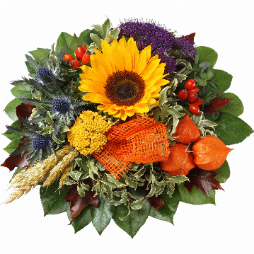 Blumenstrauß ″Sonnenstrahlen″ bestehend aus 1 Sonnenblume, 3 Pysalis, Hagebutten, Trachelium, blaue Zierdisteln, Eichenlaub, Getreide, getrocknete Schafgarbe, verschiedenes Beiwerk.