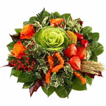 Blumenstrauß ″Ernte Dank″ bestehend aus Zierkohl, 3 orange Rosen, Physalis-Fruchtstände, Deko-Äpfel, Zier-Hagebutten, Getreide, oranges Filzband, herbstliches Beiwerk.