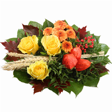 Blumenstrauß 3 gelbe Rosen, Physalis-Fruchtstände, Getreide, goldbraune Chrysanthemen, herbstliches Beiwerk.