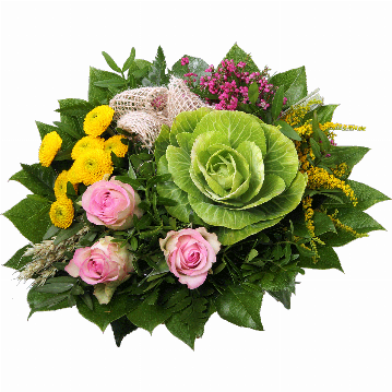 Blumenstrauß Zierkohl, 3 rosa Rosen, gelbe Chrysanthemen, Erikablüten, gelber Solidago, Getreide, Juteschleife, verschiedenes Beiwerk.