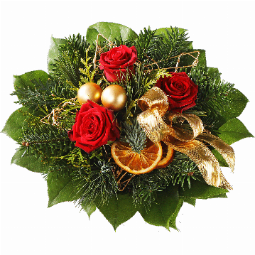 Blumenstrauß ″Adventsstimmung″ bestehend aus 3 rote Rosen, goldene Kugeln, goldene Sternmanschette, goldenen Schleife, Orangenscheiben, verschiedenes Beiwerk.