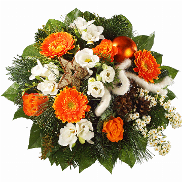 Blumenstrauß 3 orange Rosen, 3 orange Minigerbera, weißer Lisianthus, weiße Freeseien, weiße Euphorbienranken, Zapfen, Dekostern, Filzschleife, verschiedenes Beiwerk.