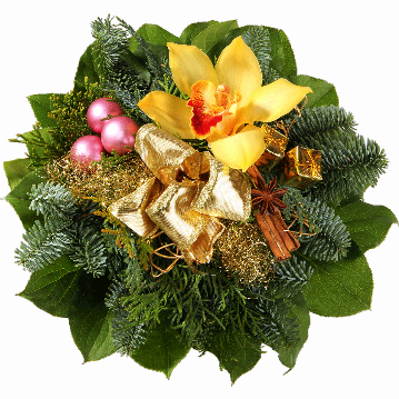 Blumenstrauß ″Adventsduft″ bestehend aus 1 Orchideenblüte, Deko-Kugeln, Zimtstange, goldenen Schleife, Engelshaar, weinhachtliches Beiwerk.