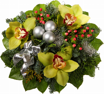 Blumenstrauß ″Weihnachtlicher Glanz″ bestehend aus 3 Orchideenblüten, Hyperikum, silberene Deko-Kugeln, silberene Schleife, Tannengrün, verschiedenes Beiwerk.