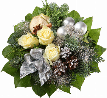 Blumenstrauß ″Eleganz in Silber″ bestehend aus 3 cremefarbene Rosen, silberne Weihnachtskugeln, getrocknete Apfelscheiben, Zimtstange, Anisstern, Silberen Schleife, silbernes Engelshaar, Zapfen, Tanne, verschiedenes Beiwerk.