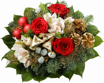 Blumenstrauß 3 rote Rosen, 2 weiße Alstromerien, goldene Zapfen, Eukalypthusfrüchte, 3 rote Weihnachtskugeln, goldene Schleife, goldenes Engelshaar, Tanne, verschiedenes Beiwerk.