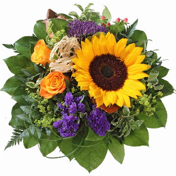 Blumenstrauß ″Indian Summer″ bestehend aus 1 Sonnenblume, 2 orange Rosen, blaue Statice, blaues Trachelium, Hyperikum, Bastschleife, Kokosrinde, verschiedenes Beiwerk.