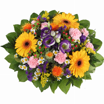 Blumenstrauß 3 gelbe Germini, rosa Spraynelken, blauer Lisianthus, Chartamus, Hyperikum, Statice, Kamillenblüten, Solidago, verschiedenes Beiwerk.