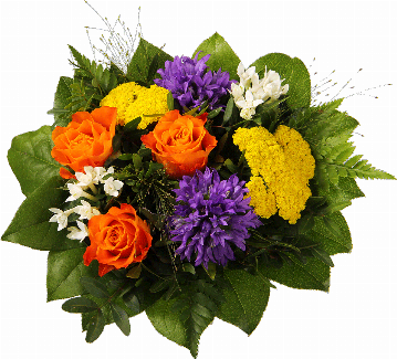 Blumenstrauß 3 orange Rosen, 2 blaue Campanula, gelbe Achilea (Schafgarbe), 2 weiße Bouvardien, Panikumgraß, verschiedenes Beiwerk.