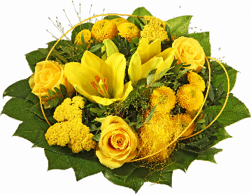 Blumenstrauß ″Einfarbig″ bestehend aus 1 gelbe Lilie, 3 gelbe Rosen, gelbe Achilea (Schafgarbe), gelber Sisal, Panikumgraß, verschiedenes Beiwerk.