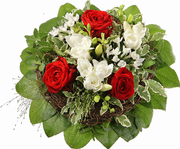 Blumenstrauß ″Entschuldigung″ bestehend aus 3 rote Rosen, 2 weiße Bouvardien, 3 weiße Freesien, Panikumgraß, Rebenmanschette, verschiedenes Beiwerk.