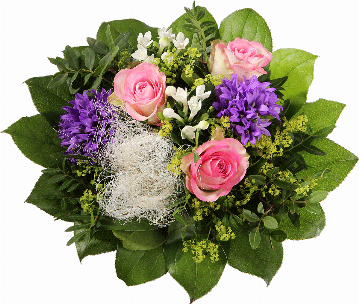 Blumenstrauß 3 rosa Rosen, 2 blaue Campanula, weiße Bouvardien, Sisal, verschiedenes Beiwerk.