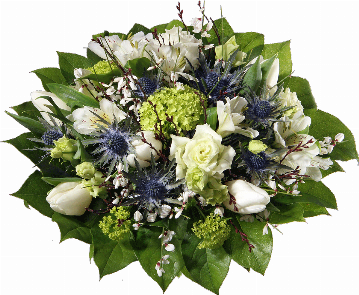 Blumenstrauß ″Wintertraum″ bestehend aus 5 weiße Tulpen, weißer Lisianthus, weißer Ginster, weiße Alstromerien, blaue Zierdisteln, Schneeball (Viburnum), verschiedenes Beiwerk.