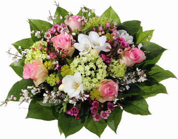 Blumenstrauß ″Für Dich″ bestehend aus 5 rosa Rosen, 3 weiße Freesien, weißer Ginster, Waxflower, Schneeball (Viburnum), verschiedenes Beiwerk.