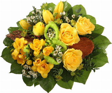 Blumenstrauß 3 gelbe Rosen, 3 gelbe Freesien, 3 gelbe Tulpen, Waxflower, Kokosrinde, Filzschleife, Deko-Osterküken, verschiedenes Beiwerk.