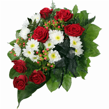 Blumenstrauß <strong><u>Trauerstrauß:</u></strong> 7 Rote Rosen, 3 weiße Chrysanthemen, Hyperikum, verschiedenes Beiwerk, schwarze Trauerschleife.