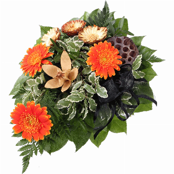 Blumenstrauß <strong><u>Trauerstrauß:</u></strong> 3 orange Minigerbera, getrocknete Lotusblütenkolben, versch. getrocknete Blüten, verschiedenes Beiwerk, schwarze Trauerschleife.