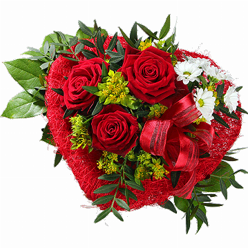 Blumenstrauß 3 rote Rosen im Sisalherz, weiße Chrysantheme, rote Schleife, verschiedenes Beiwerk.