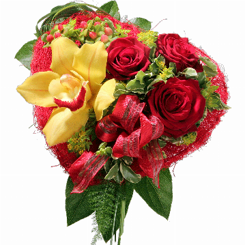 Blumenstrauß Orchideenblüte im Sisalherz, 3 rote Rosen,Hyperikum, rote Schleife, verschiedenes Beiwerk.