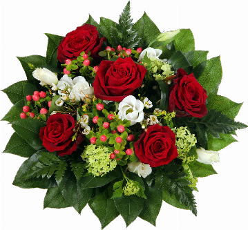 Blumenstrauß ″Hochzeitstag″ bestehend aus 5 rote Rosen, weißer Lisianthus, Hyperikum, Viburnum( Schneeball), Waxflower, verscheidenes Beiwerk.