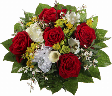 Blumenstrauß 5 rote Rosen, 4 weiße Freesien, weißer Ginster, weiße Schleife, verschiedenes Beiwerk.