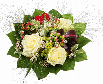 Blumenstrauß ″Veronika″ bestehend aus 3 cremfarbene Rosen, 3 Veronika, Hyperikum, Waxflower, rotes Dekoherz, Gräser, verschiedenens Beiwerk.