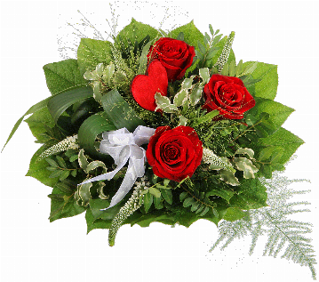 Blumenstrauß ″Liebe″ bestehend aus 3 rote Rosen, 5 weiße Veronika, rotes Dekoherz, weiße Schleife, verschiedenes Beiwerk.