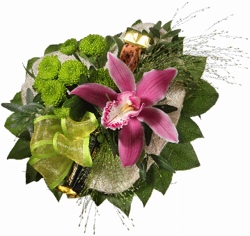Blumenstrauß ″Glückwunsch″ bestehend aus Orchideenblüte im Sisalherz, grüne Chrysatemen, grüne Schleife, 1 Schokoriegel 