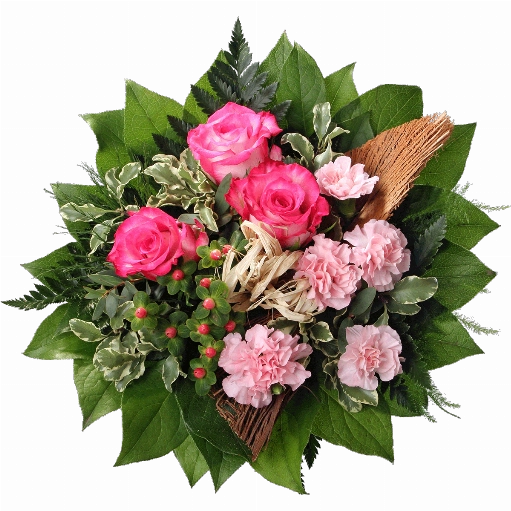 Blumenstrauß 3 rot-weiße Rosen, rosa Spraynelken, Hyperikum, Kokosrinde, Bastschleife, Pittosporum, Pistazie, Pulosus, Lederfarn und Salal werden in dem Strauß gebunden.