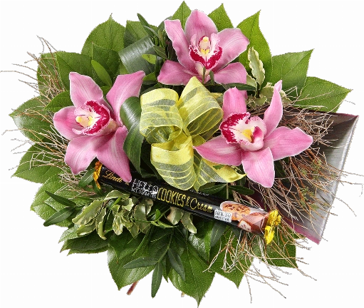 Blumenstrauß ″Ein Dank an die Mutti″ bestehend aus 3 Orchideenblüten, grüne Schleife, viel Beiwerk, 1 Schokoriegel "Hello" von Lindt.